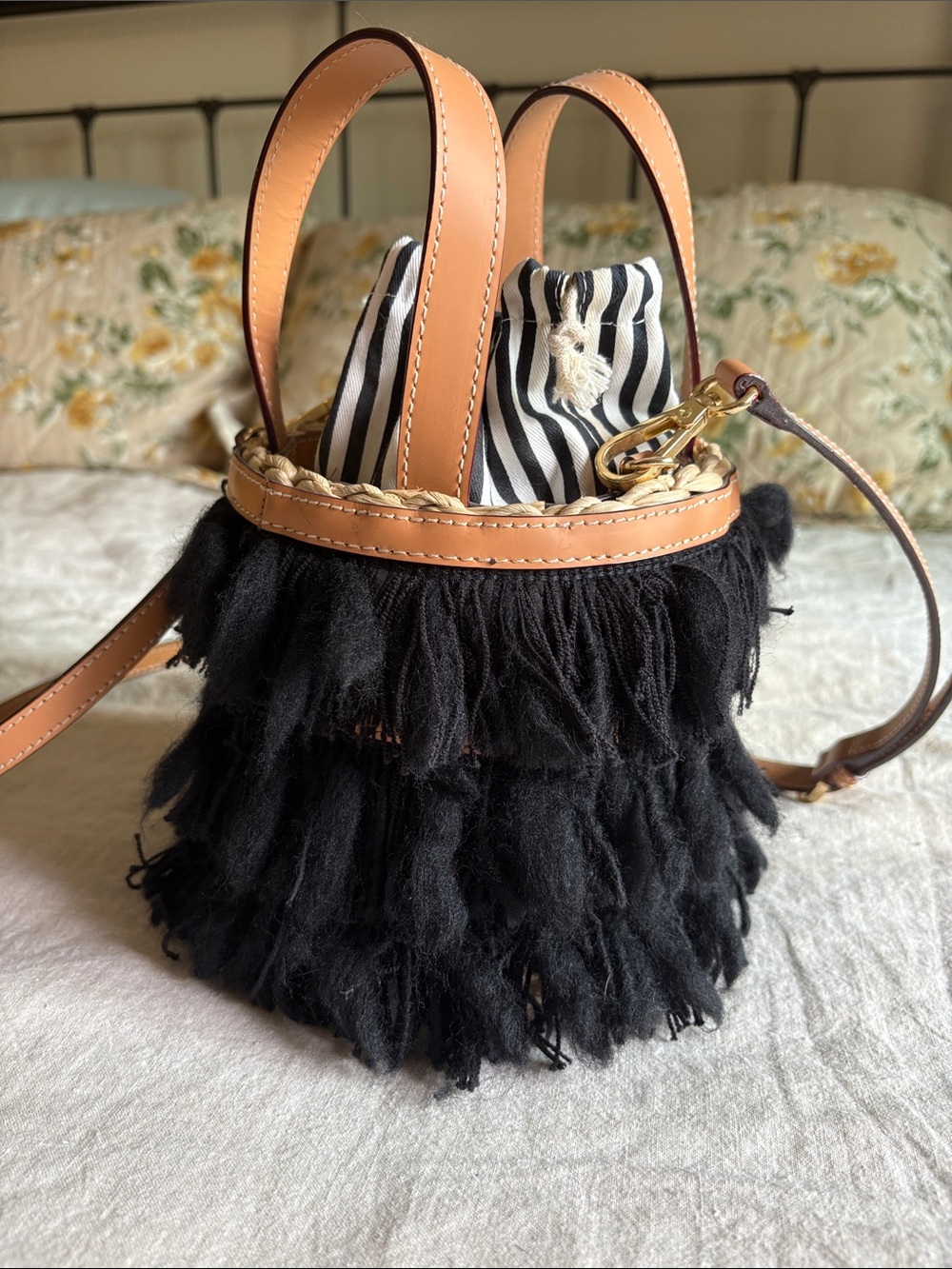 Frances Valentine Black Fringe Straw Bucket Crossbody Bag